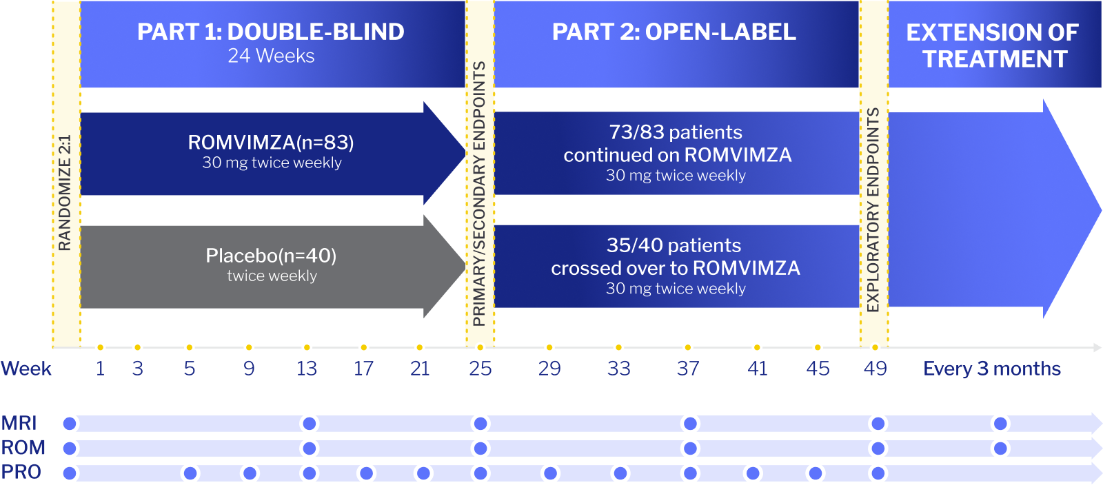 Randomize 2:1; Part 1: double-blind 24 weeks; ROMVIMZA® (vimseltinib) (n=83) 30 mg twice weekly; Placebo (n=40) twice weekly; Primary/secondary endpoints; Part 2: open-label; 73/83 patients continued on ROMVIMZA® 30 mg twice weekly; 35/40 patients crossed over to ROMVIMZA® 30 mg twice weekly; Exploratory endpoints; Extension of treatment every 3 months